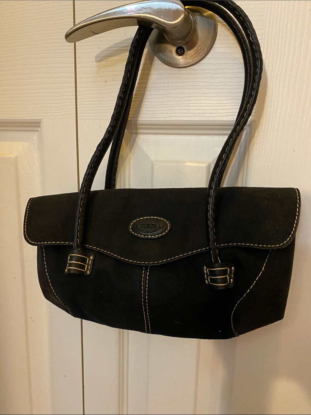 Tod's Black Suede Shoulder Bag with Contrast Stitching
